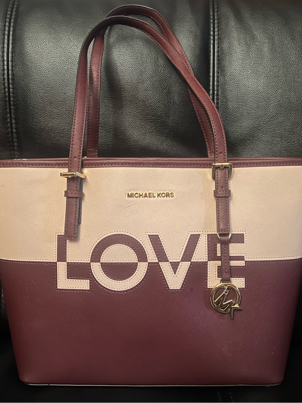 MICHAEL KORS Two-Tone LOVE Tote in Burgundy and Cream